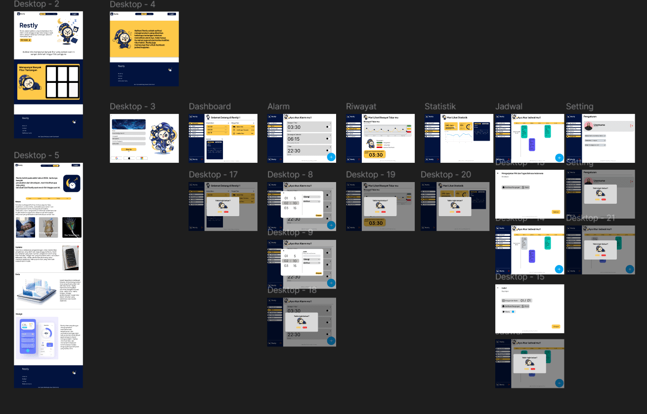 Screenshot antarmuka dan preview proyek Restly — Sleep & Alarm App UI/UX Design